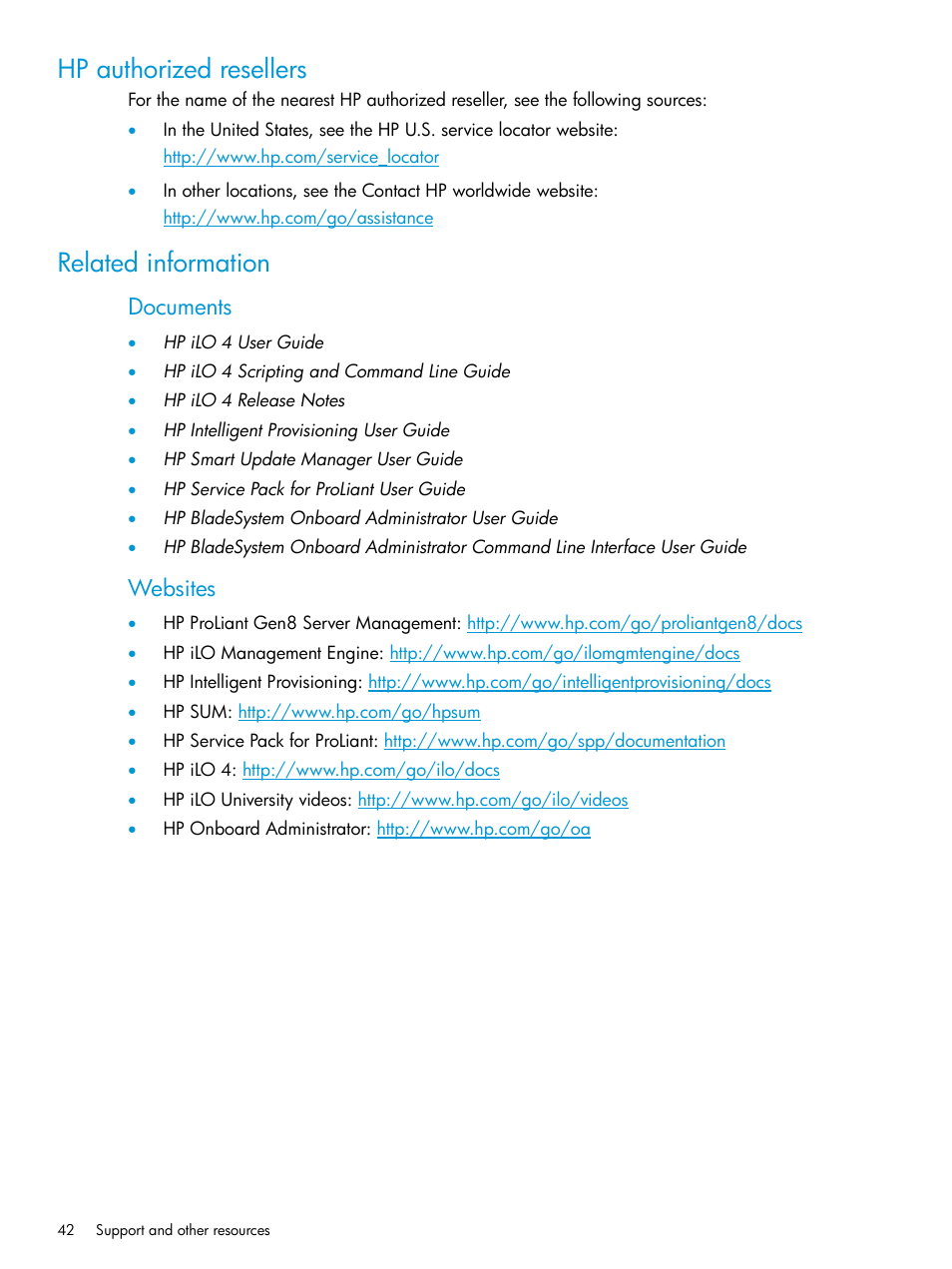 Hp authorized resellers, Related information, Hp authorized resellers related information | Documents, Websites | HP Integrated Lights-Out 4 User Manual | Page 42 / 45
