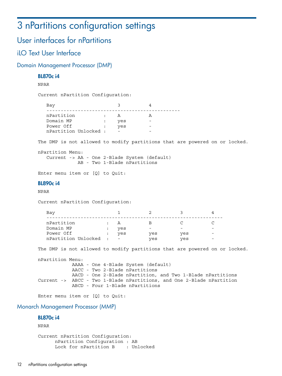 3 npartitions configuration settings, User interfaces for npartitions, Ilo text user interface | Domain management processor (dmp), Monarch management processor (mmp) | HP Integrity BL870c Server-Blade User Manual | Page 12 / 53