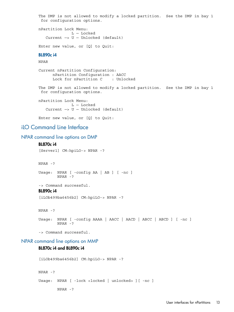 Ilo command line interface, Npar command line options on dmp, Npar command line options on mmp | HP Integrity BL870c Server-Blade User Manual | Page 13 / 53