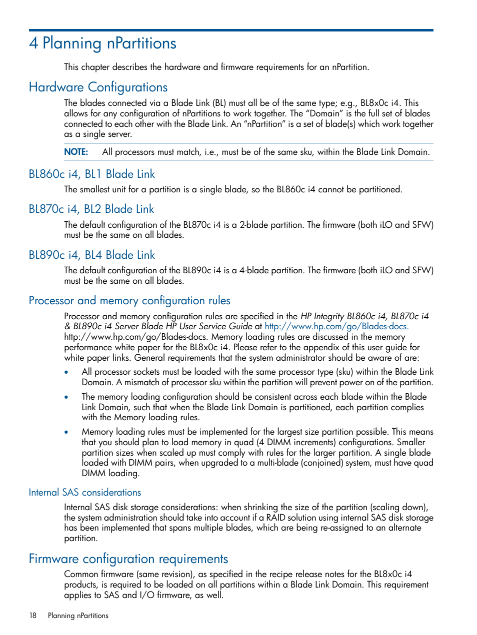 4 planning npartitions, Hardware configurations, Bl860c i4, bl1 blade link | Bl870c i4, bl2 blade link, Bl890c i4, bl4 blade link, Processor and memory configuration rules, Internal sas considerations, Firmware configuration requirements | HP Integrity BL870c Server-Blade User Manual | Page 18 / 53
