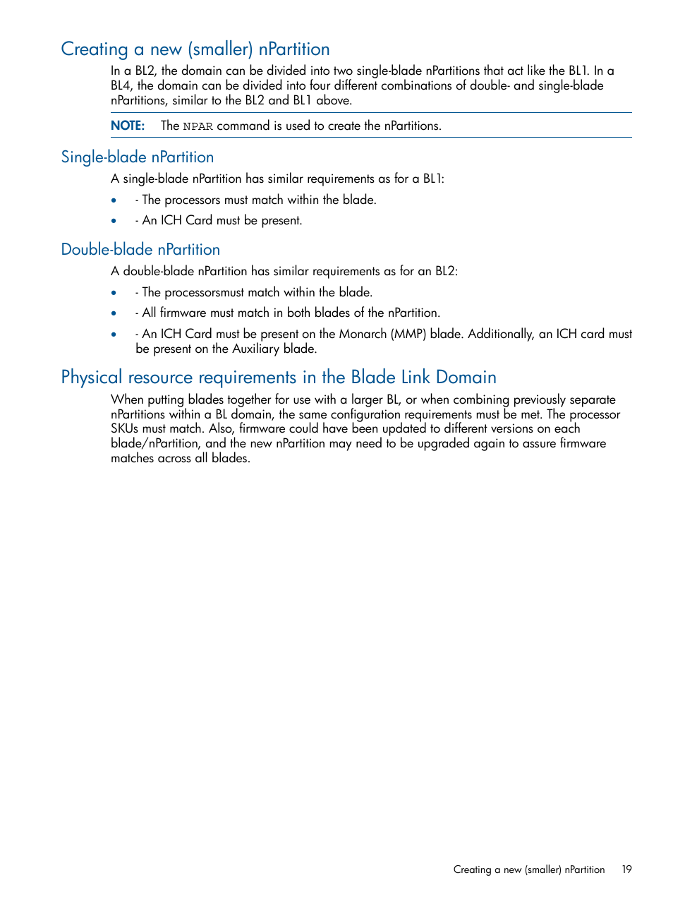 Creating a new (smaller) npartition, Single-blade npartition, Double-blade npartition | Single-blade npartition double-blade npartition | HP Integrity BL870c Server-Blade User Manual | Page 19 / 53