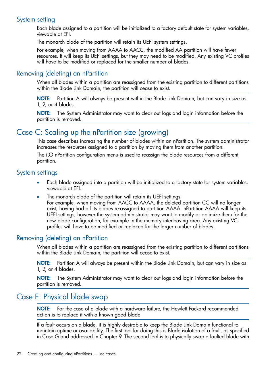 System setting, Removing (deleting) an npartition, Case c: scaling up the npartition size (growing) | System settings, Case e: physical blade swap, System setting removing (deleting) an npartition | HP Integrity BL870c Server-Blade User Manual | Page 22 / 53