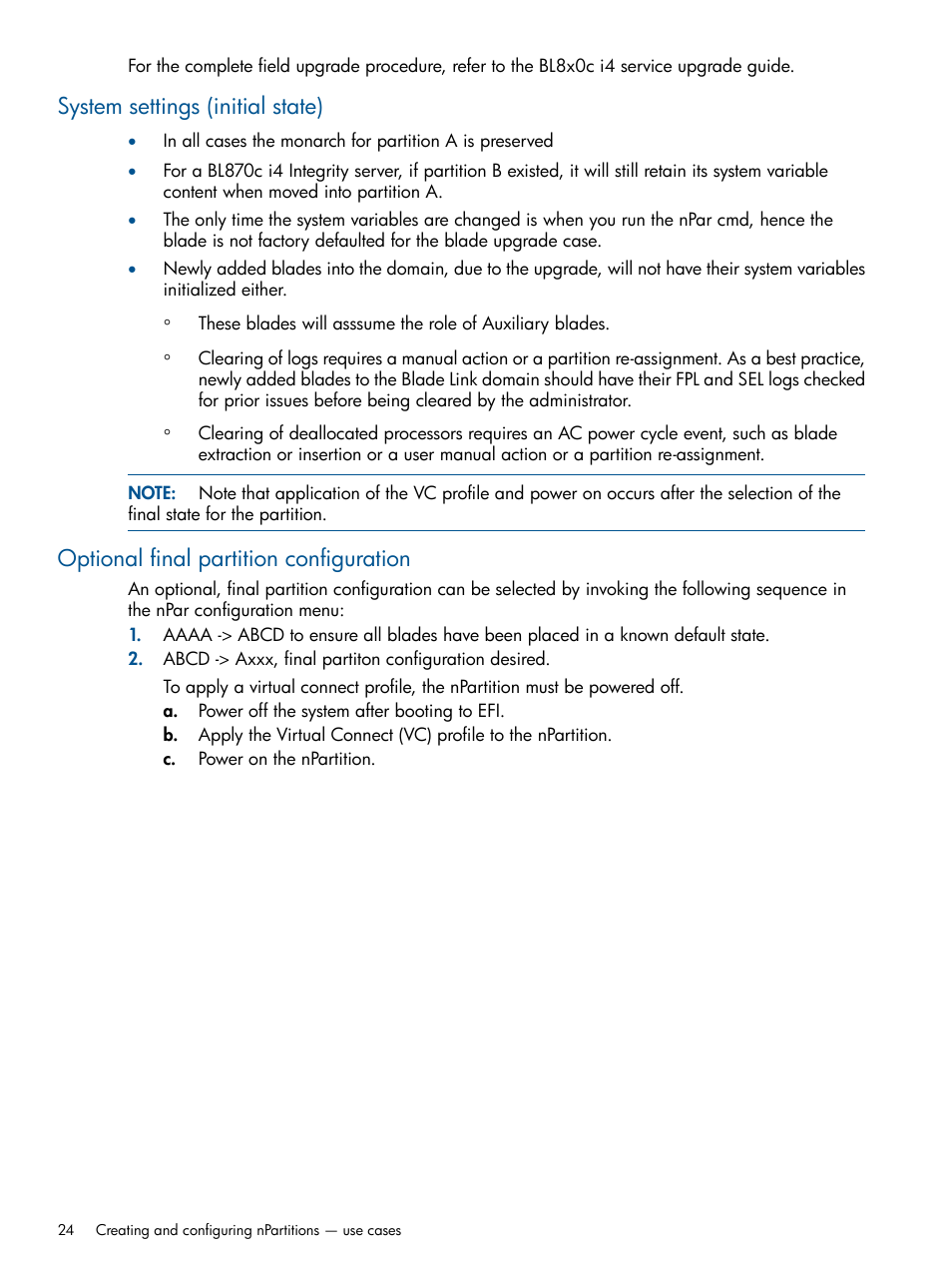 System settings (initial state), Optional final partition configuration | HP Integrity BL870c Server-Blade User Manual | Page 24 / 53