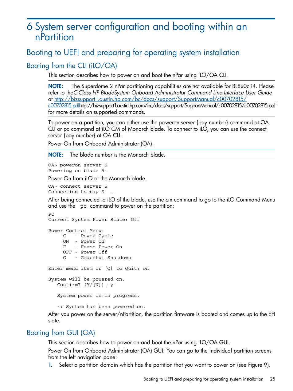 Booting from the cli (ilo/oa), Booting from gui (oa) | HP Integrity BL870c Server-Blade User Manual | Page 25 / 53
