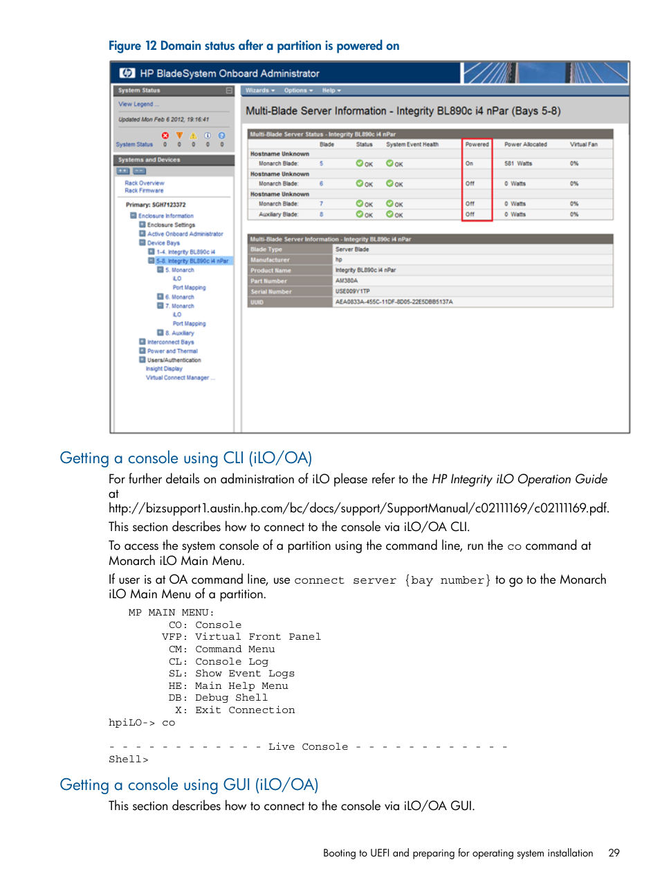 Getting a console using cli (ilo/oa), Getting a console using gui (ilo/oa) | HP Integrity BL870c Server-Blade User Manual | Page 29 / 53