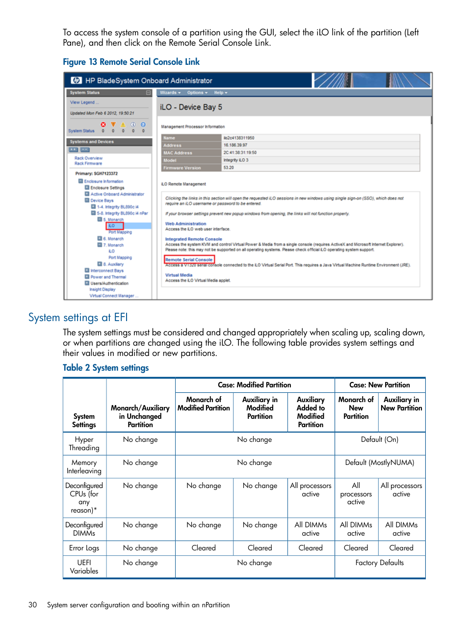 System settings at efi | HP Integrity BL870c Server-Blade User Manual | Page 30 / 53