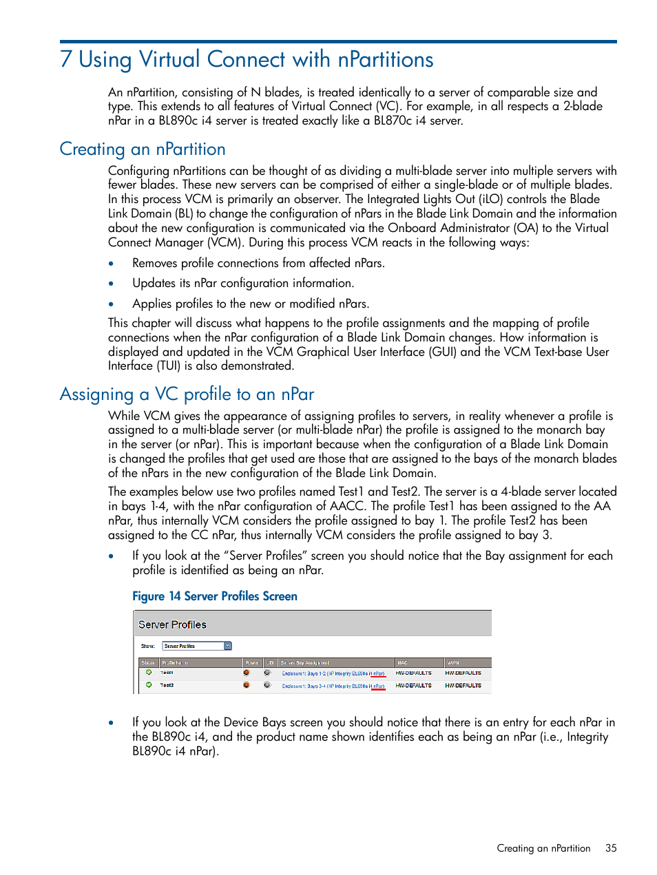 7 using virtual connect with npartitions, Creating an npartition, Assigning a vc profile to an npar | HP Integrity BL870c Server-Blade User Manual | Page 35 / 53