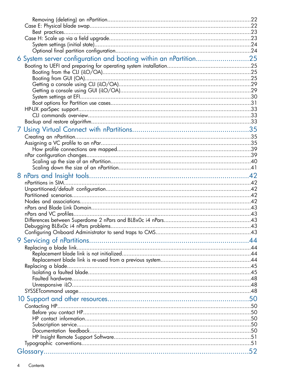 7 using virtual connect with npartitions, 8 npars and insight tools, 9 servicing of npartitions | 10 support and other resources, Glossary | HP Integrity BL870c Server-Blade User Manual | Page 4 / 53