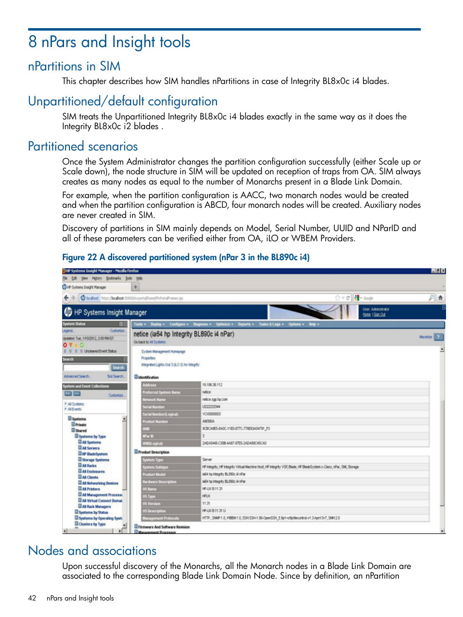 8 npars and insight tools, Npartitions in sim, Unpartitioned/default configuration | Partitioned scenarios, Nodes and associations | HP Integrity BL870c Server-Blade User Manual | Page 42 / 53