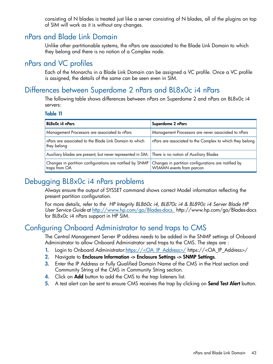 Npars and blade link domain, Npars and vc profiles, Debugging bl8x0c i4 npars problems | HP Integrity BL870c Server-Blade User Manual | Page 43 / 53