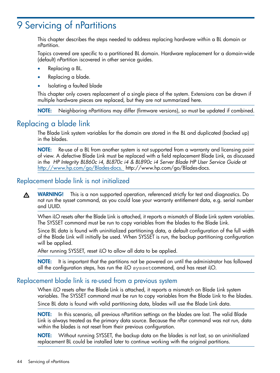 9 servicing of npartitions, Replacing a blade link, Replacement blade link is not initialized | HP Integrity BL870c Server-Blade User Manual | Page 44 / 53