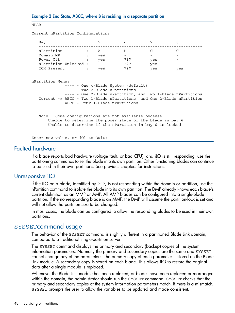 Faulted hardware, Unresponsive ilo, Syssetcommand usage | Faulted hardware unresponsive ilo, Sysset command usage | HP Integrity BL870c Server-Blade User Manual | Page 48 / 53