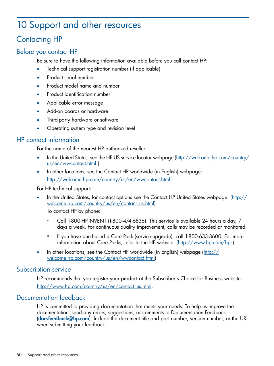 10 support and other resources, Contacting hp, Before you contact hp | Hp contact information, Subscription service, Documentation feedback | HP Integrity BL870c Server-Blade User Manual | Page 50 / 53