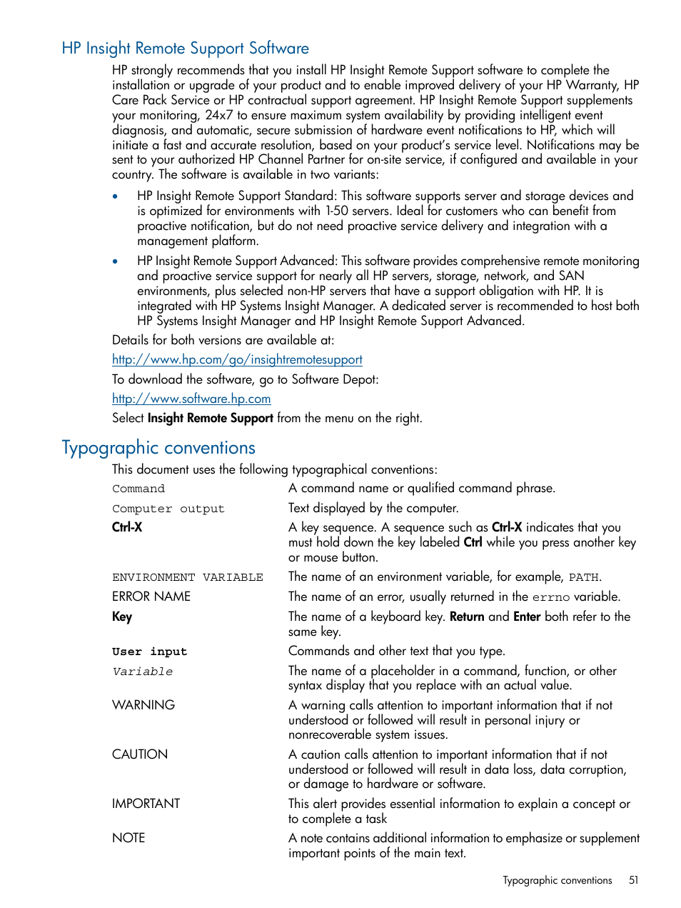 Hp insight remote support software, Typographic conventions | HP Integrity BL870c Server-Blade User Manual | Page 51 / 53