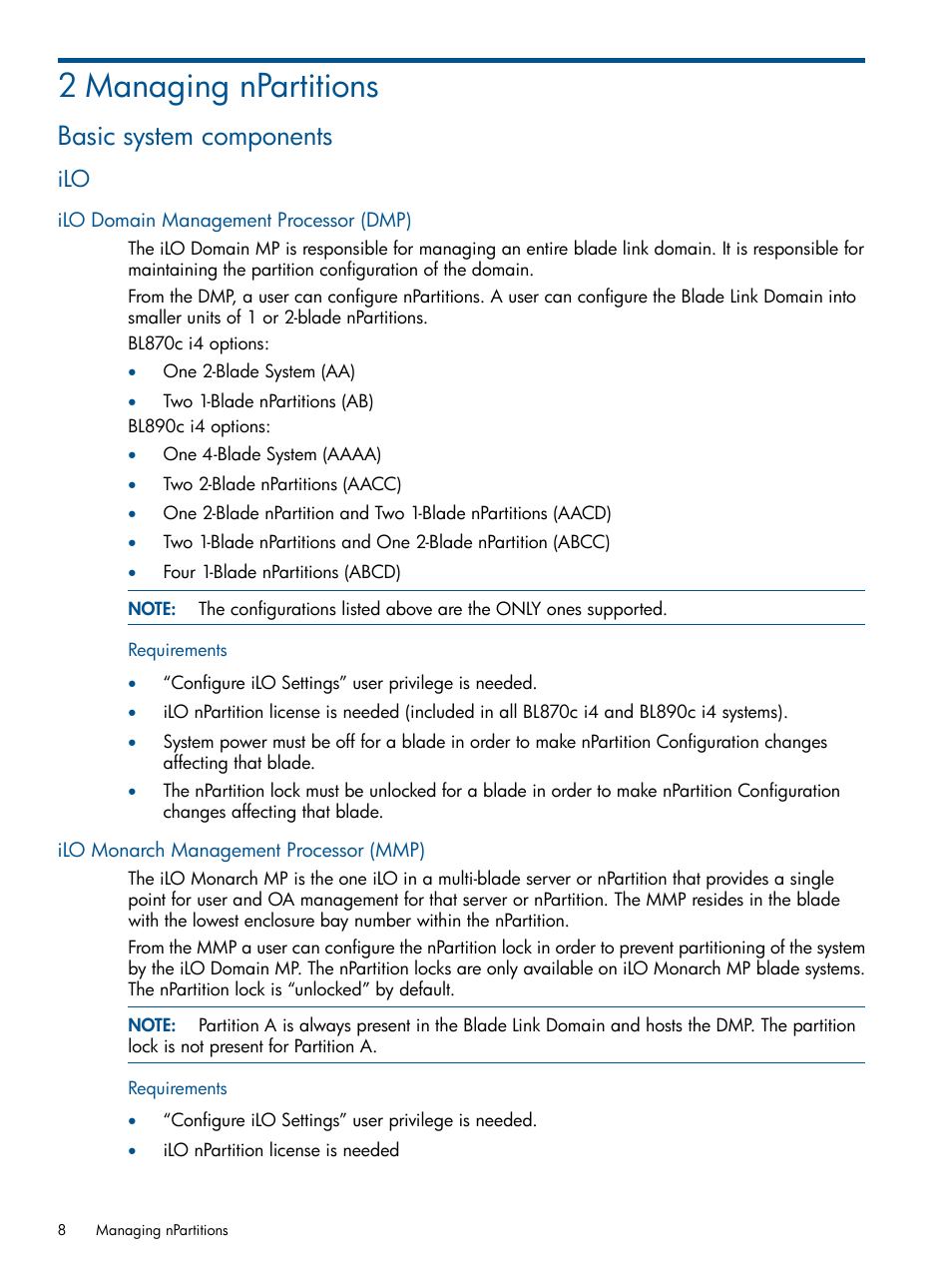2 managing npartitions, Basic system components, Ilo domain management processor (dmp) | Requirements, Ilo monarch management processor (mmp) | HP Integrity BL870c Server-Blade User Manual | Page 8 / 53