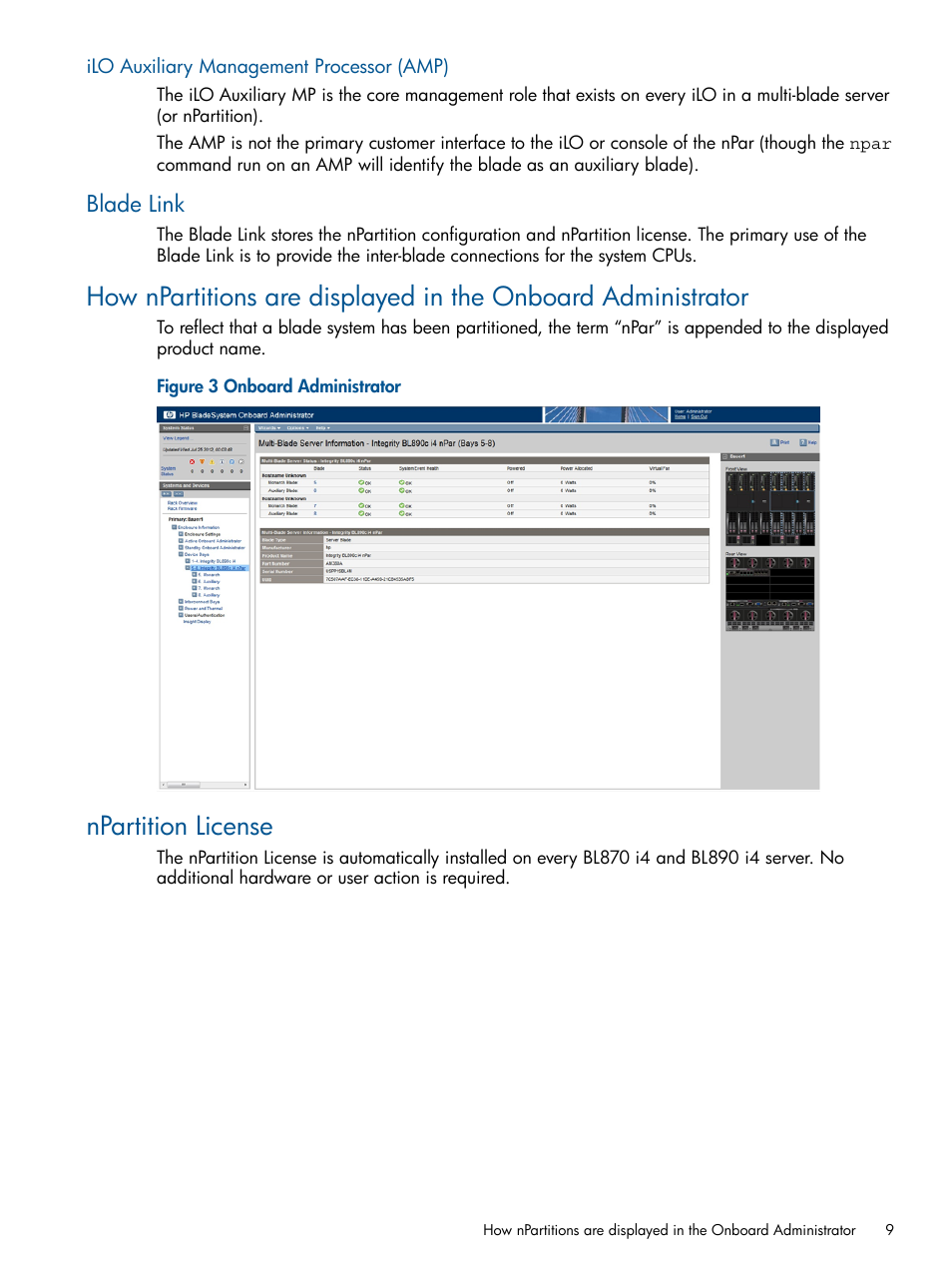 Ilo auxiliary management processor (amp), Blade link, Npartition license | HP Integrity BL870c Server-Blade User Manual | Page 9 / 53