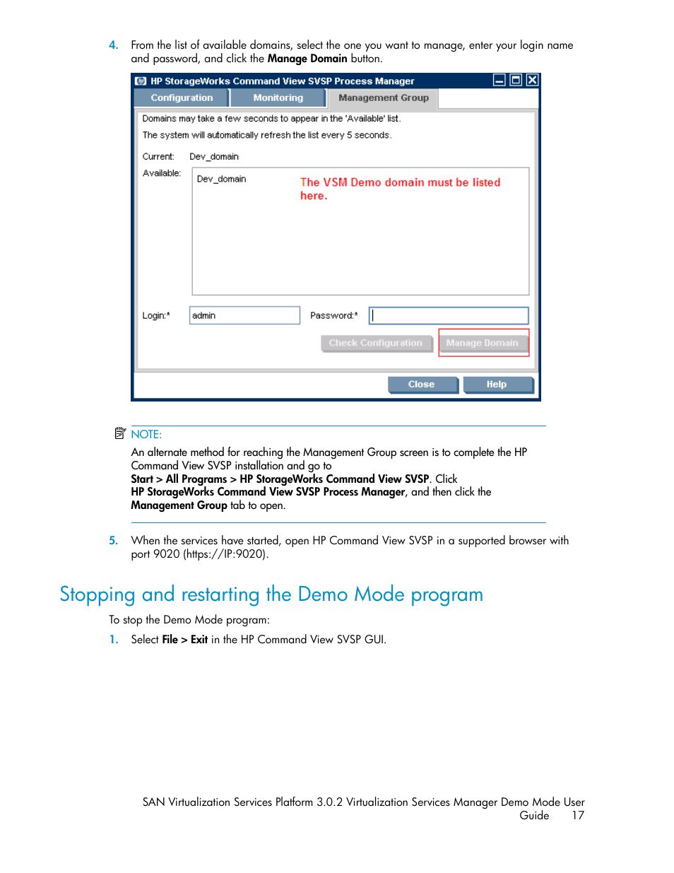 Stopping and restarting the demo mode program | HP SAN Virtualization Services Platform User Manual | Page 17 / 38