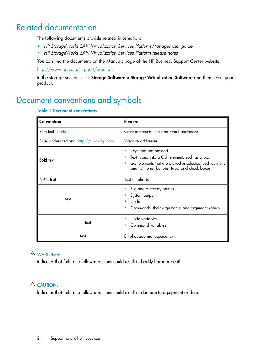 Related documentation, Document conventions and symbols, 24 document conventions and symbols | HP SAN Virtualization Services Platform User Manual | Page 24 / 38