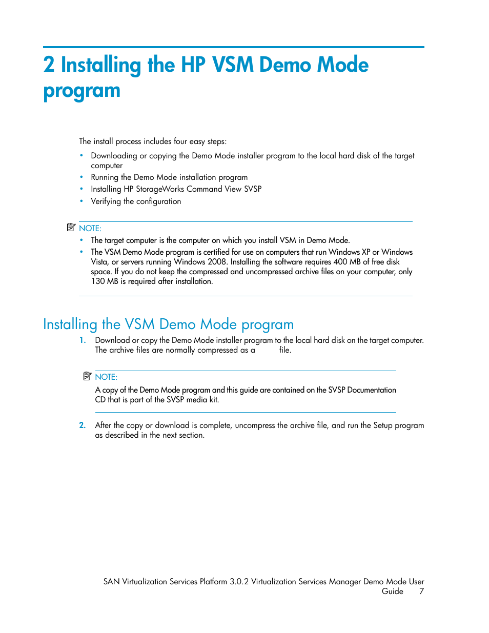 2 installing the hp vsm demo mode program, Installing the vsm demo mode program | HP SAN Virtualization Services Platform User Manual | Page 7 / 38