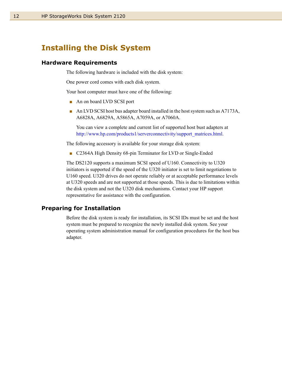 Installing the disk system, Hardware requirements, Preparing for installation | Hardware requirements preparing for installation | HP 2120 Disk System User Manual | Page 12 / 38