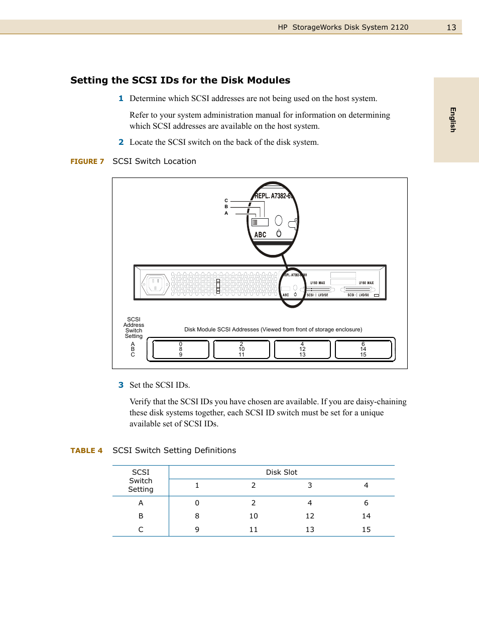 Setting the scsi ids for the disk modules, Figure 7, Scsi switch location | Table 4, Scsi switch setting definitions | HP 2120 Disk System User Manual | Page 13 / 38