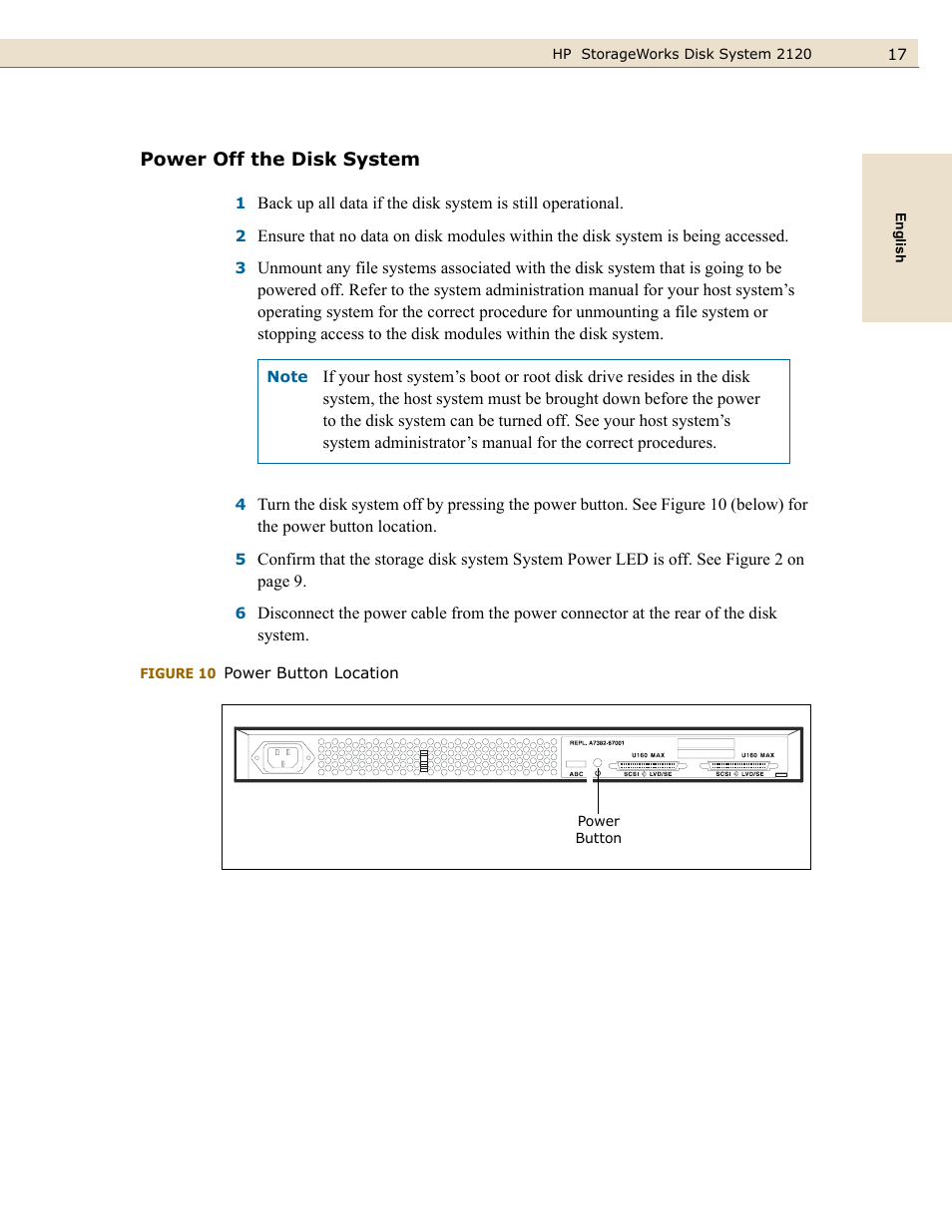 Power off the disk system, Figure 10, Power button location | HP 2120 Disk System User Manual | Page 17 / 38