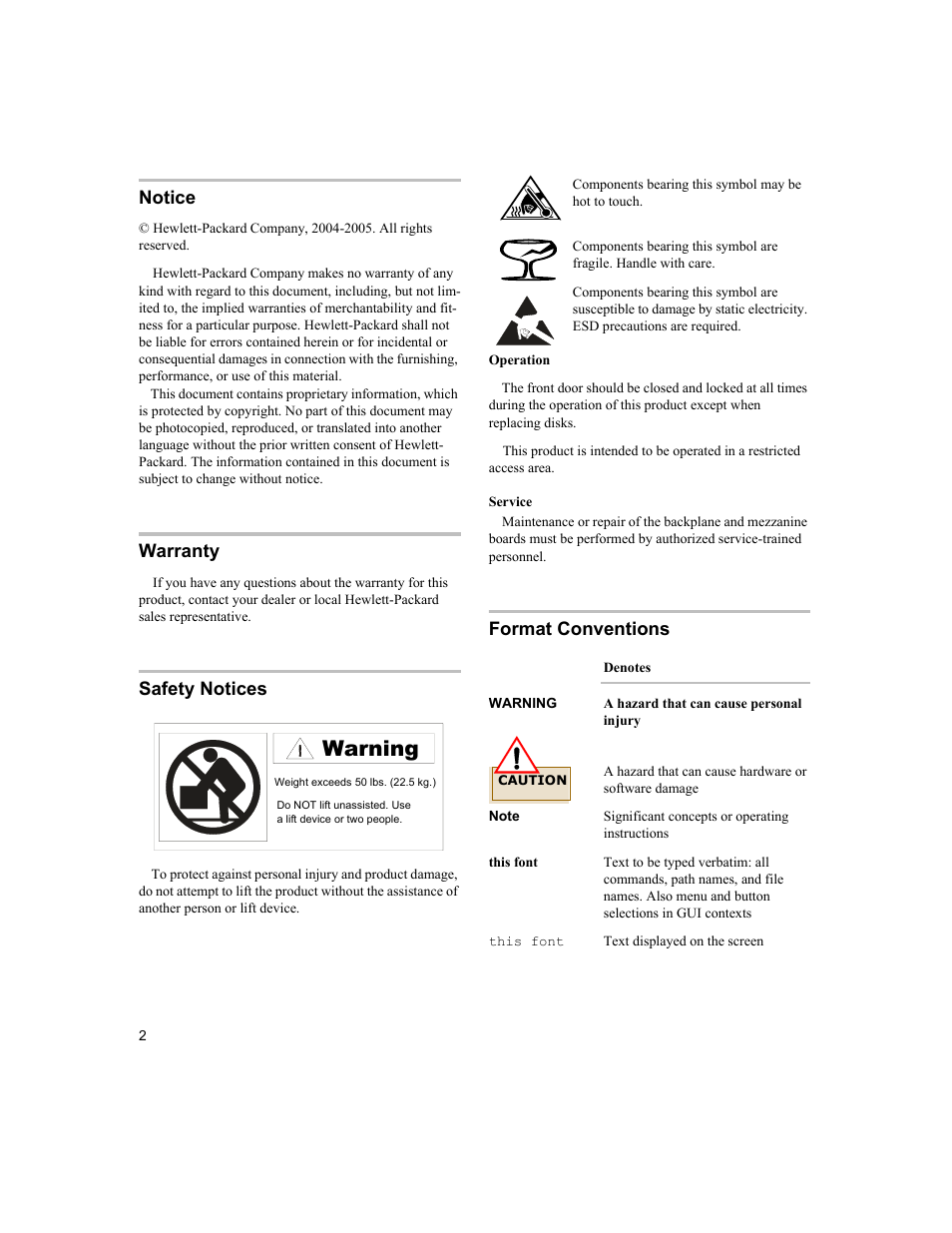 Warning, Notice, Warranty | Safety notices, Format conventions | HP 2120 Disk System User Manual | Page 2 / 38