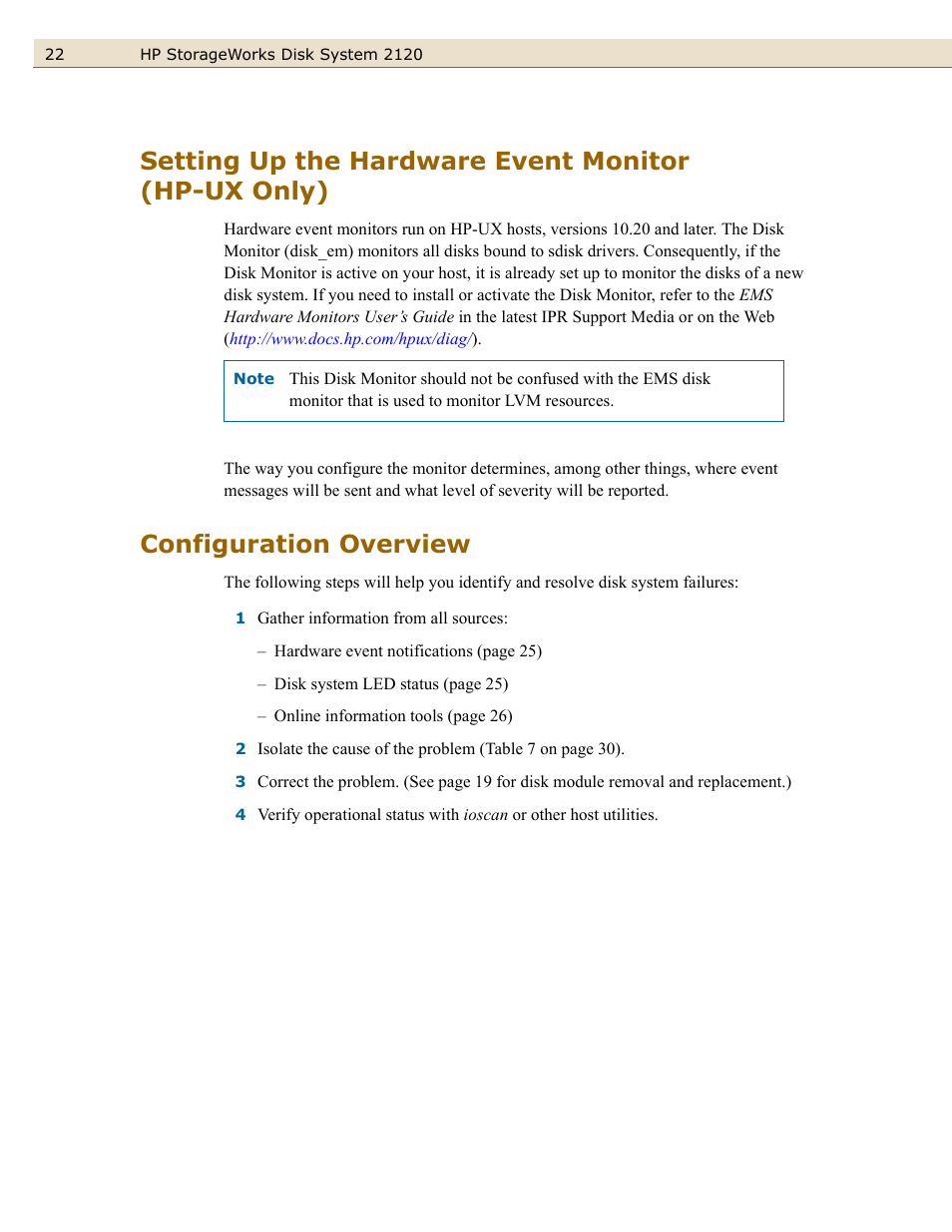 Setting up the hardware event monitor (hp-ux only), Configuration overview | HP 2120 Disk System User Manual | Page 22 / 38