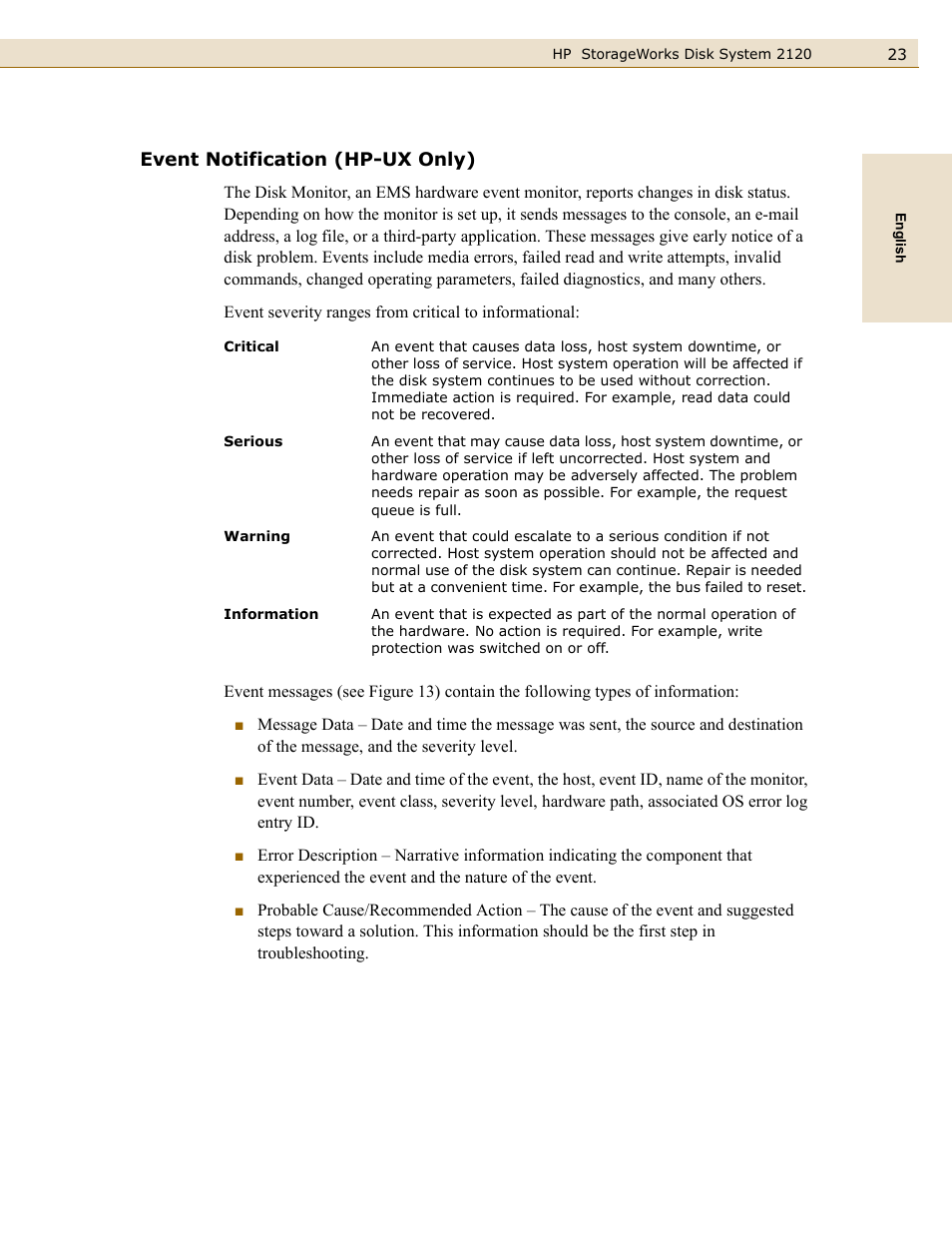 Event notification (hp-ux only) | HP 2120 Disk System User Manual | Page 23 / 38