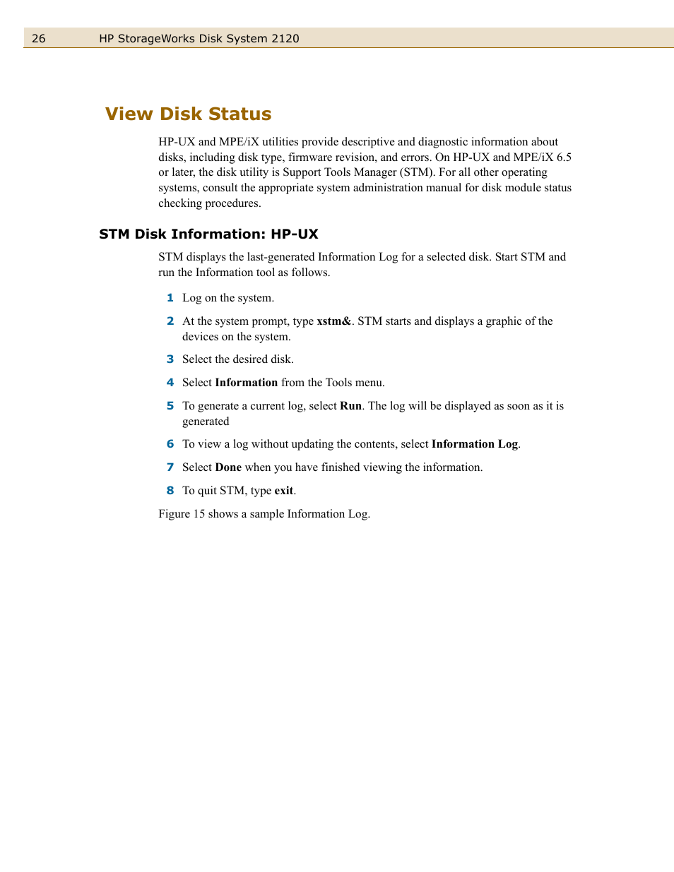 View disk status, Stm disk information: hp-ux | HP 2120 Disk System User Manual | Page 26 / 38