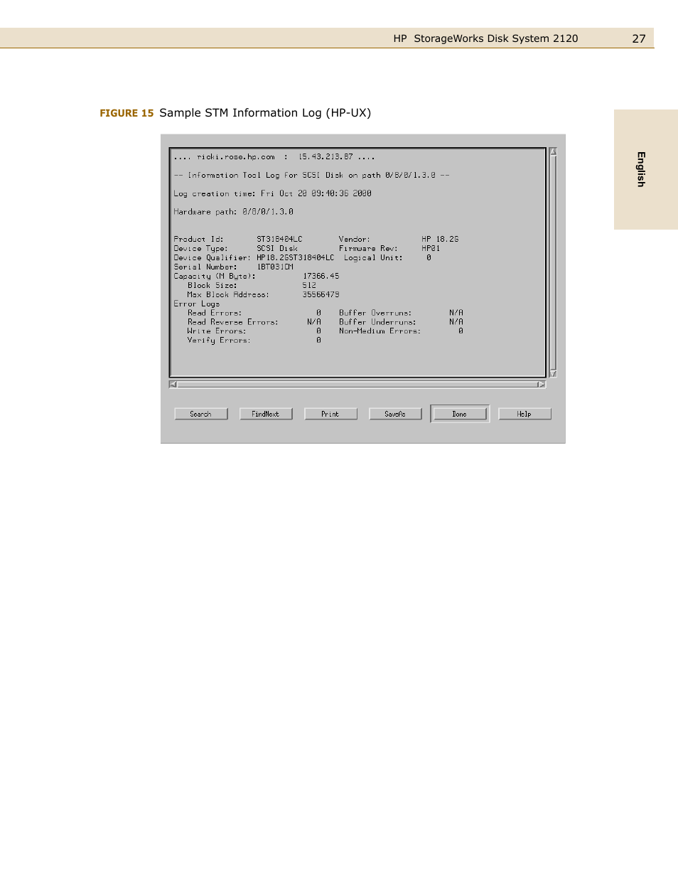 Figure 15, Sample stm information log (hp-ux) | HP 2120 Disk System User Manual | Page 27 / 38