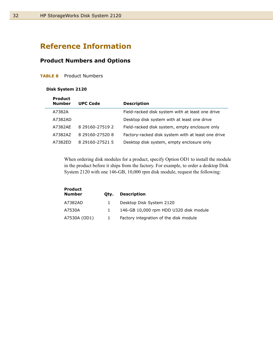 Reference information, Product numbers and options, Table 8 | Product numbers | HP 2120 Disk System User Manual | Page 32 / 38