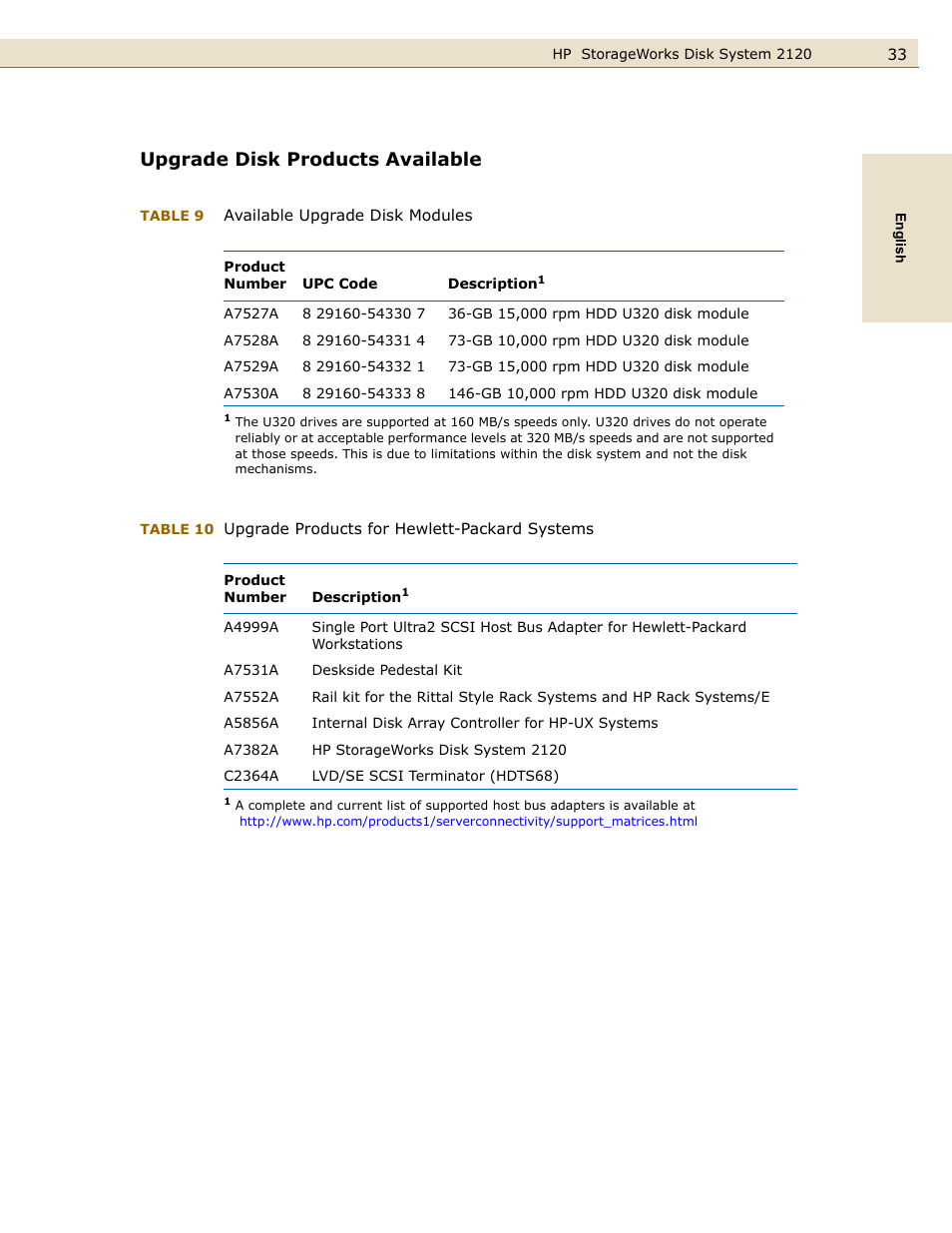 Upgrade disk products available, Table 9, Available upgrade disk modules | HP 2120 Disk System User Manual | Page 33 / 38