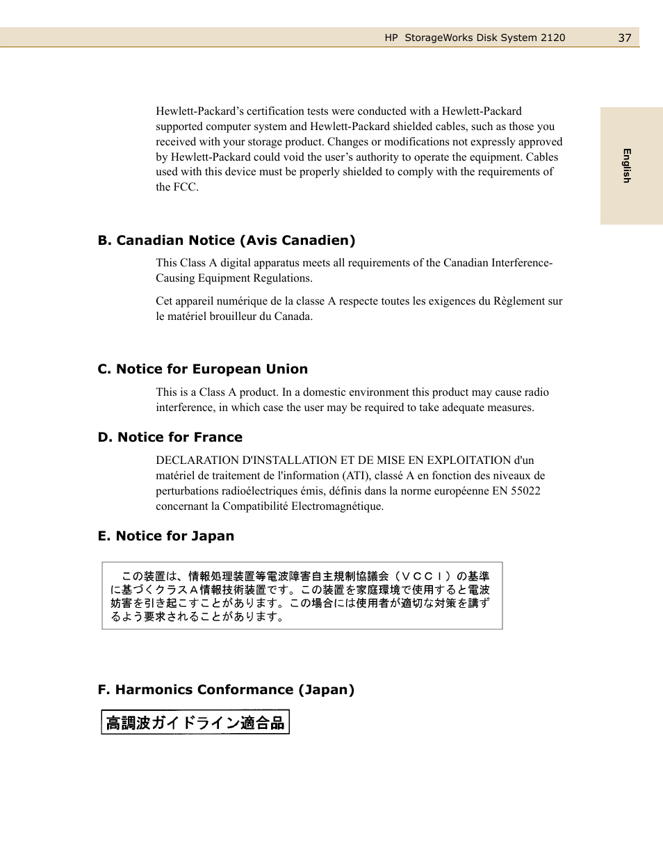 B. canadian notice (avis canadien), C. notice for european union, D. notice for france | E. notice for japan, F. harmonics conformance (japan) | HP 2120 Disk System User Manual | Page 37 / 38