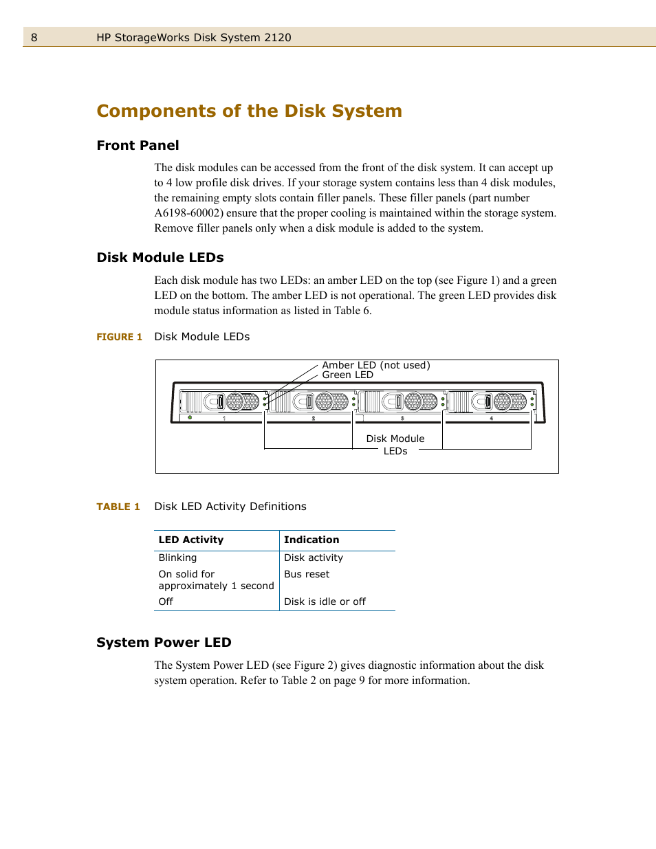 Components of the disk system, Front panel, Disk module leds | System power led, Front panel disk module leds system power led, Figure 1, Table 1, Disk led activity definitions | HP 2120 Disk System User Manual | Page 8 / 38