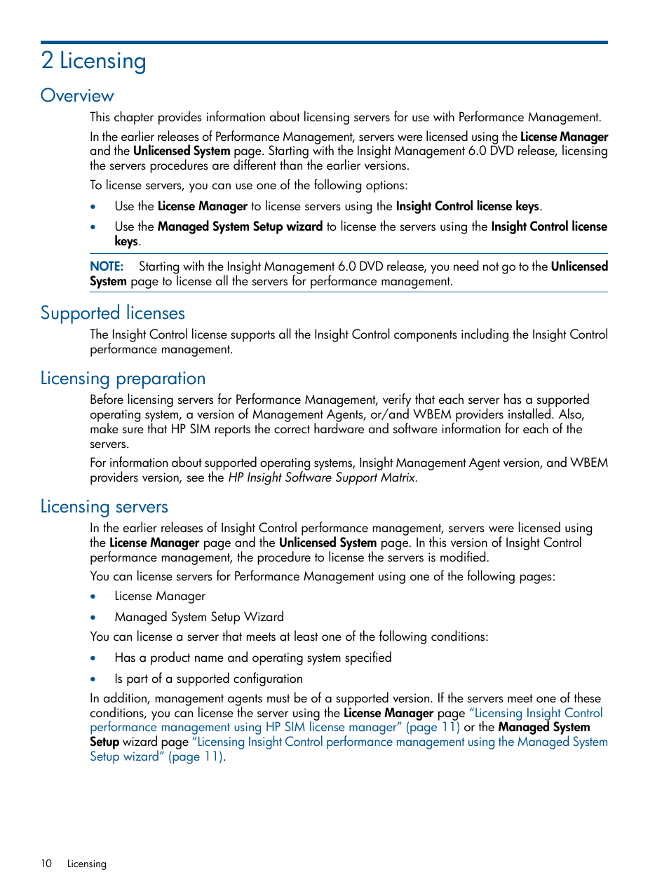 2 licensing, Overview, Supported licenses | Licensing preparation, Licensing servers | HP Insight Control User Manual | Page 10 / 73