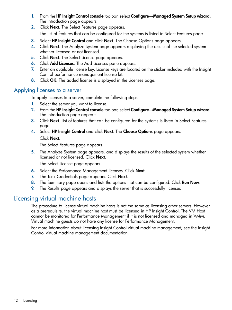 Applying licenses to a server, Licensing virtual machine hosts | HP Insight Control User Manual | Page 12 / 73