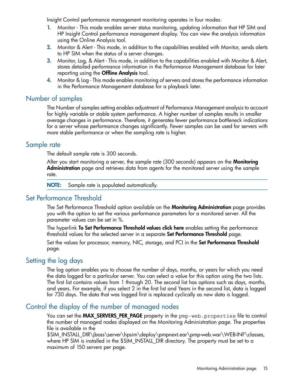 Number of samples, Sample rate, Set performance threshold | Setting the log days, Control the display of the number of managed nodes | HP Insight Control User Manual | Page 15 / 73