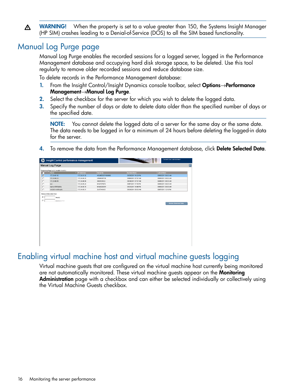 Manual log purge page | HP Insight Control User Manual | Page 16 / 73