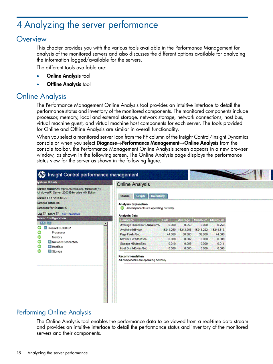 4 analyzing the server performance, Overview, Online analysis | Performing online analysis, Overview online analysis | HP Insight Control User Manual | Page 18 / 73