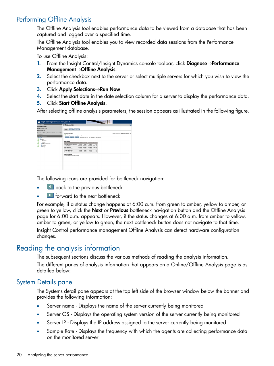 Performing offline analysis, Reading the analysis information, System details pane | HP Insight Control User Manual | Page 20 / 73