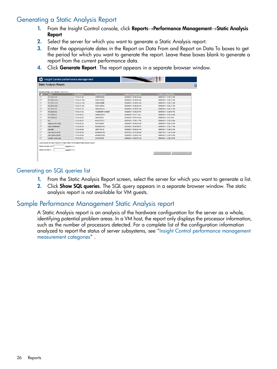 Generating a static analysis report, Generating an sql queries list | HP Insight Control User Manual | Page 26 / 73