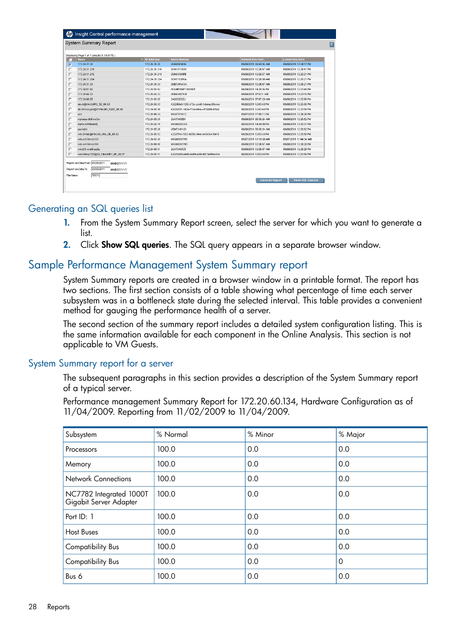 Generating an sql queries list, System summary report for a server | HP Insight Control User Manual | Page 28 / 73