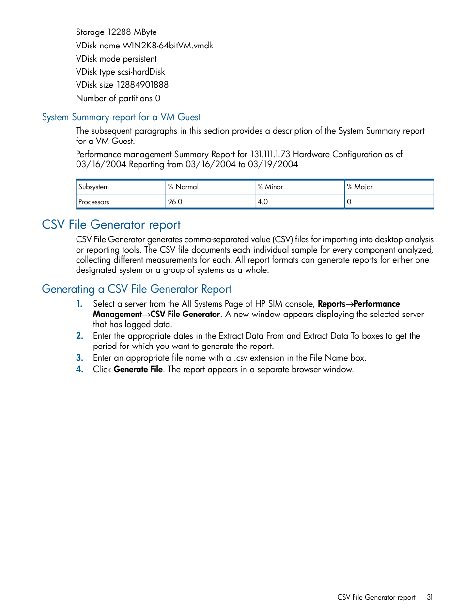 System summary report for a vm guest, Csv file generator report, Generating a csv file generator report | HP Insight Control User Manual | Page 31 / 73
