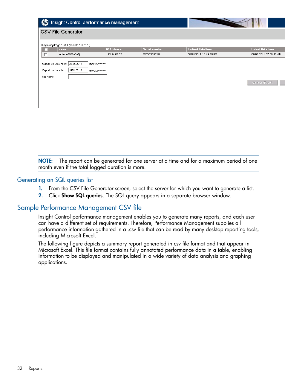 Generating an sql queries list, Sample performance management csv file | HP Insight Control User Manual | Page 32 / 73