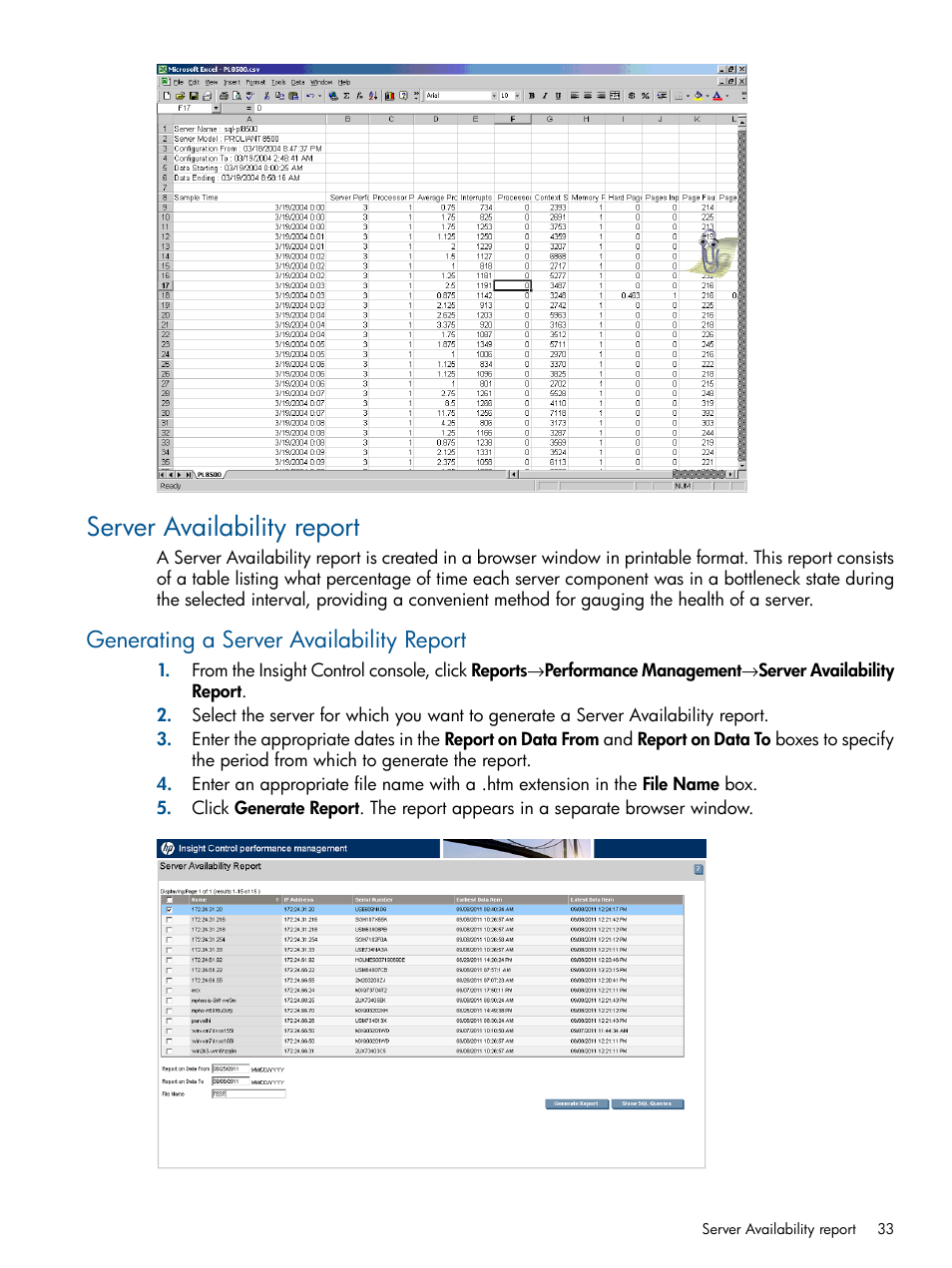 Server availability report, Generating a server availability report | HP Insight Control User Manual | Page 33 / 73