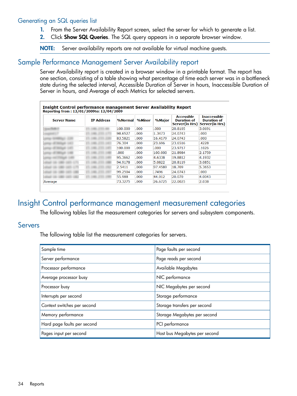 Generating an sql queries list, Servers, Insight control performance management | Measurement categories | HP Insight Control User Manual | Page 34 / 73