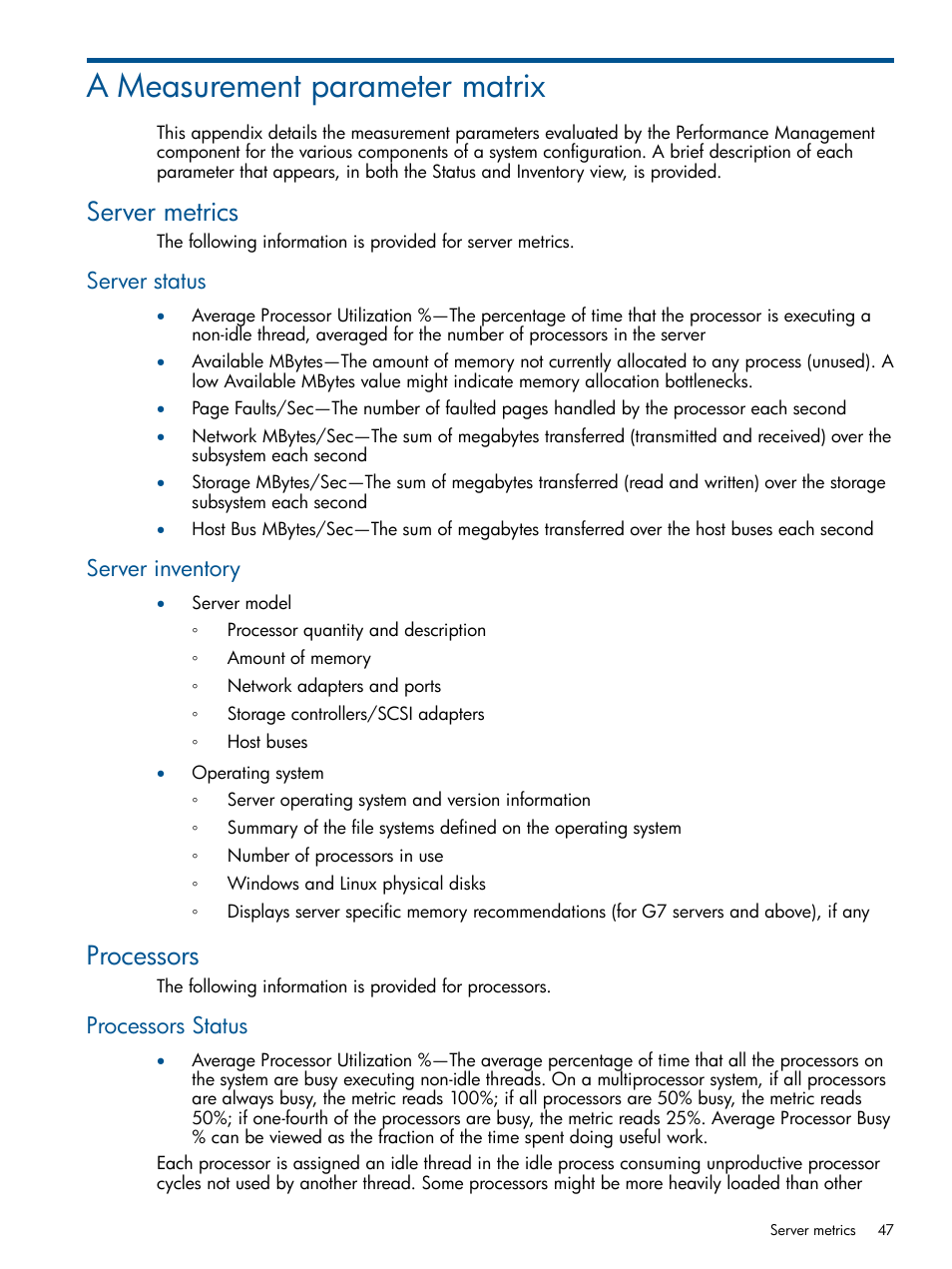 A measurement parameter matrix, Server metrics, Server status | Server inventory, Processors, Processors status, Server status server inventory | HP Insight Control User Manual | Page 47 / 73