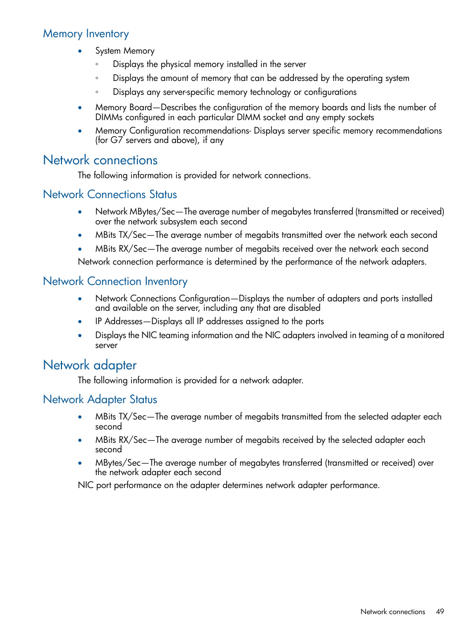 Memory inventory, Network connections, Network connections status | Network connection inventory, Network adapter, Network adapter status | HP Insight Control User Manual | Page 49 / 73