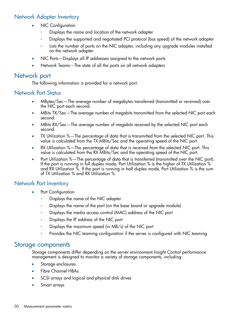 Network adapter inventory, Network port, Network port status | Network port inventory, Storage components, Network port status network port inventory | HP Insight Control User Manual | Page 50 / 73